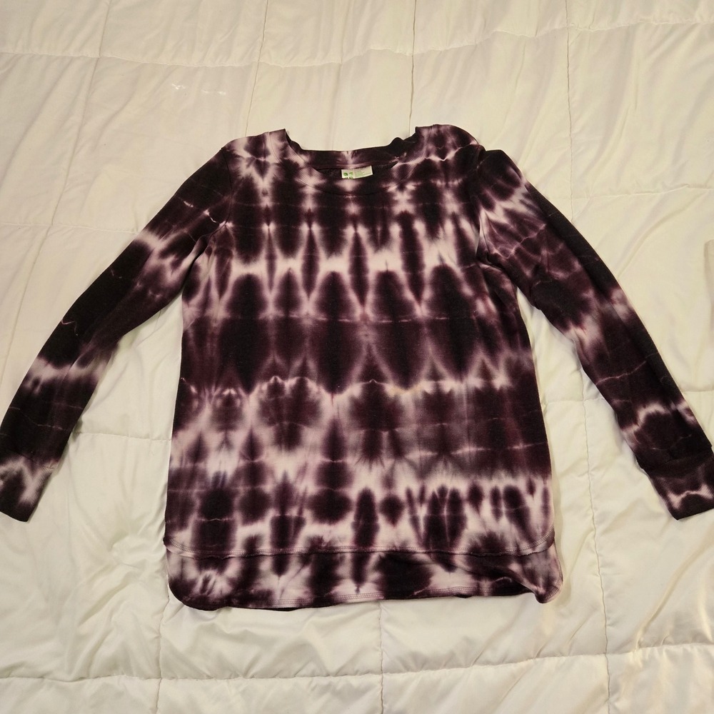 Green Tea Women Black Plum Tie Dye Long Sleeve Crew Neck Top Large